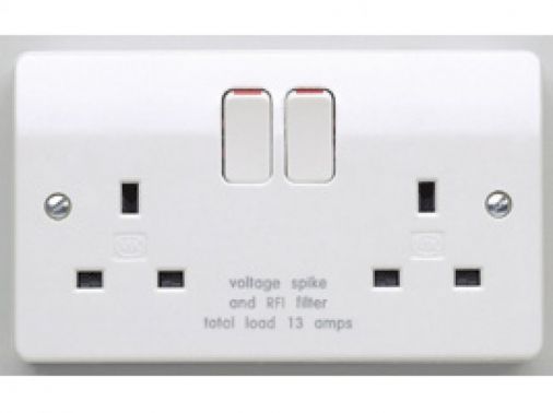 MK K1826WHI White 2 Gang DP Spike & RFI Filtered Socket 13A, 86x146x39mm, Thermal Cut-Out