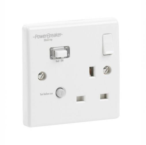 Greenbrook K21WPAPN-C RCD Switched Single Socket - White Plastic - 30mA - 86.5x86.5x11.7mm