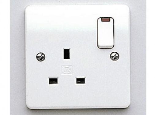 MK K2657WHI White Plastic 1 Gang DP Switch Socket c/w Neon 13A, Dual Earth Terminals