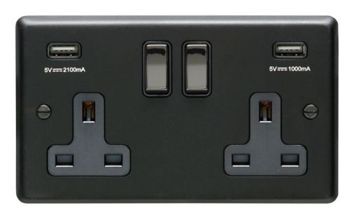 Matt Black 3.1A USB Double Socket, Black Inserts | 13A | USB-A | Stainless Steel range by Eurolite - MB2USBBNB