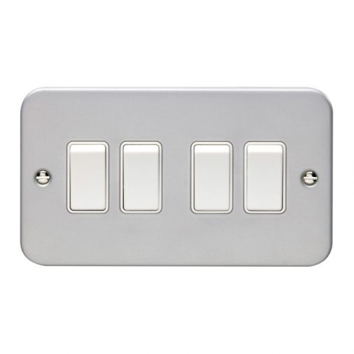 Metal Clad 4 Gang Light Switch, White Inserts | 1 Way, 10A | Utility range by Eurolite - MC4SWW