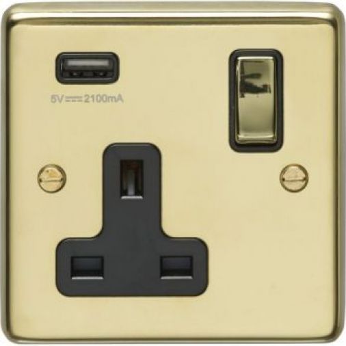 Polished Brass 2.1A USB Single Socket, Black Inserts and Matching Rocker | 13A | USB-A | Stainless Steel range by Eurolite - PB1USBPBB