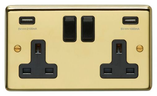 Polished Brass 3.1A USB Double Socket, Black Inserts | 13A | USB-A | Stainless Steel range by Eurolite - PB2USBB