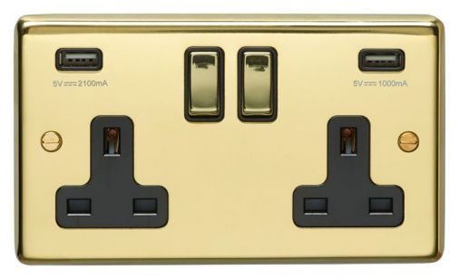 Polished Brass 3.1A USB Double Socket, Black Inserts and Matching Rockers | 13A | USB-A | Stainless Steel range by Eurolite - PB2USBPBB