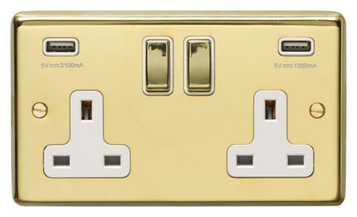 Polished Brass 3.1A USB Double Socket, White Inserts | 13A | USB-A | Stainless Steel range by Eurolite - PB2USBPBW