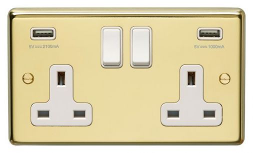 Polished Brass 3.1A USB Double Socket, Black Inserts | 13A | USB-A | Stainless Steel range by Eurolite - PB2USBW