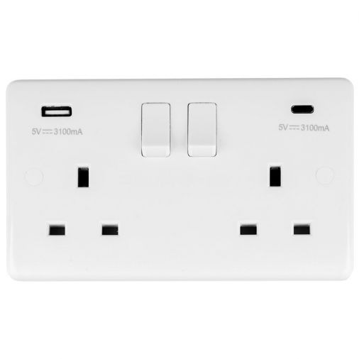 White 3.1A USB Double Socket | 13A | USB-A & USB-C | Enhance White Plastic range by Eurolite - PL4620C