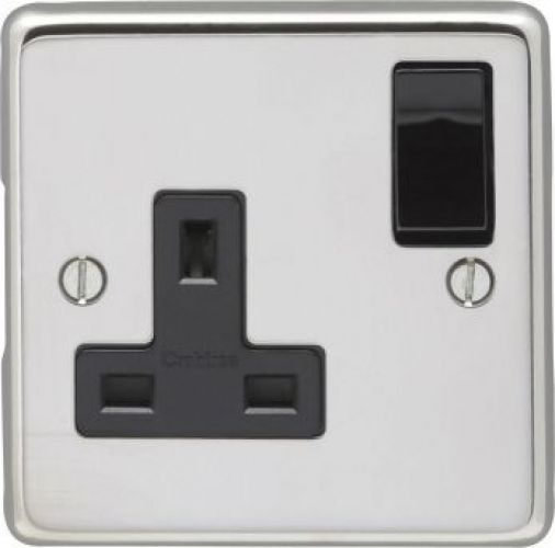 Polished Silver Single Socket, Black Inserts | 13A | Stainless Steel range by Eurolite - PSS1SOB