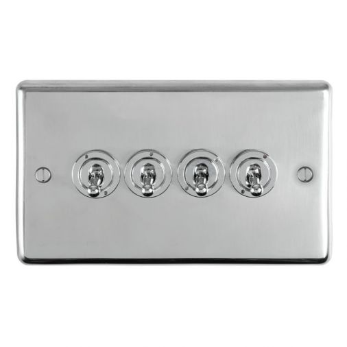 Polished Silver 4 Gang Toggle Switch, Matching Inserts and Switches | 2 Way, 10A | Stainless Steel range by Eurolite - PSST4SW