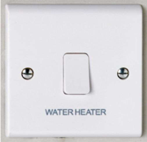 Deta S1390WH 20A White Plastic DP Switch, Engraved "WATER HEATER", 86mm x 86mm