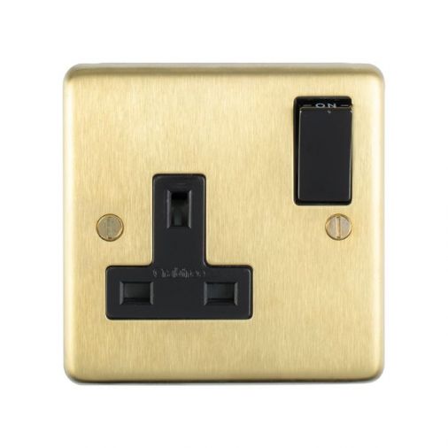 Satin Brass Single Socket, Black Inserts | 13A | Stainless Steel range by Eurolite - SB1SOB