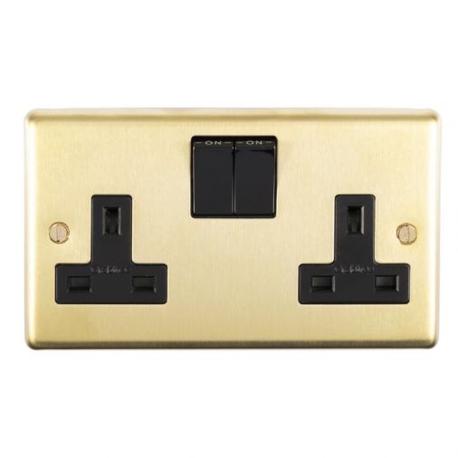 Satin Brass Double Socket, Black Inserts | 13A | Stainless Steel range by Eurolite - SB2SOB