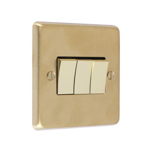 Satin Brass Triple Light Switch, White Inserts and Matching Switches | 2 Way, 10A | Stainless Steel range by Eurolite - SB3SWW