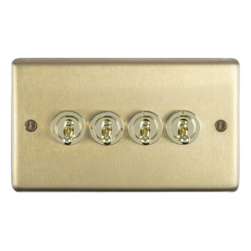 Satin Brass 4 Gang Toggle Switch, Matching Inserts and Switches | 2 Way, 10A | Stainless Steel range by Eurolite - SBT4SW