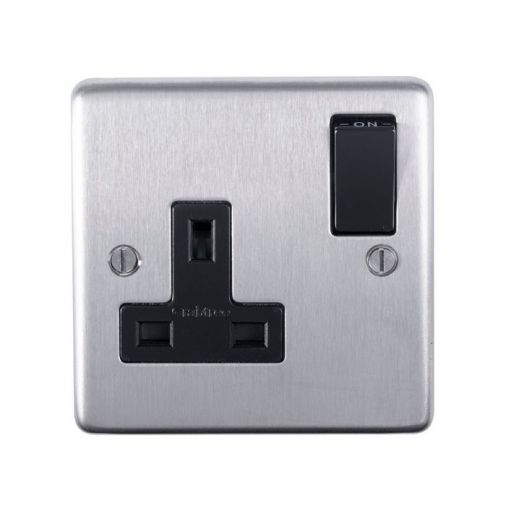 Brushed Steel Single Socket, Black Inserts | 13A | Stainless Steel range by Eurolite - SSS1SOB