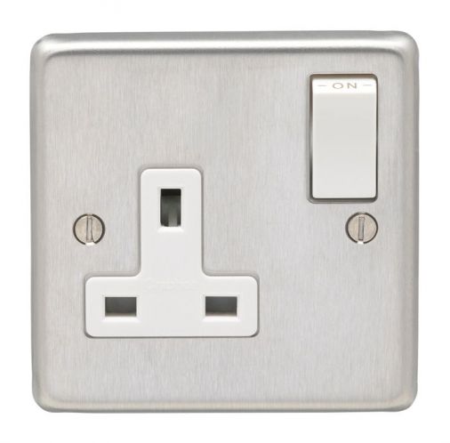 Brushed Steel Single Socket, White Inserts | 13A | Stainless Steel range by Eurolite - SSS1SOW
