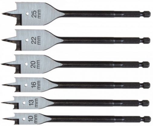 HSS 6 Piece Flat Bit Set, 10-25mm, Brad Point, Quick Lock
