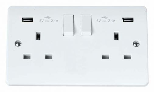 Scolmore CMA780 2 Gang Switched Socket with Twin USB Outlets, White, 13A, 2.1A