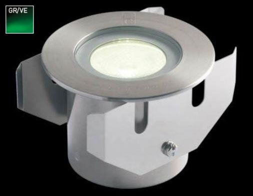 1W LED Ground Light Stainless Steel Bezel, Green LED, IP68, 9m Submersible, 26 Deg Beam Angle