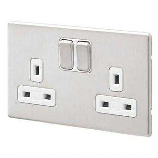 MK K24347BSSW Double Pole Switch Socket, Brushed Stainless Steel, White Inserts, Dual Earth, 4mm Slim Profile