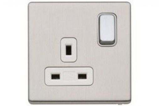 MK K24357BSSW Double Pole Switch Socket, Brushed Stainless Steel, White Insert, Dual Earth, 4mm Slim Profile