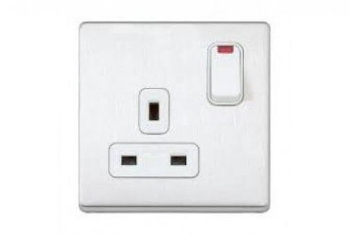 MK K24657BSSW Double Pole Switch Socket + Neon, Brushed Stainless Steel, White Insert, 4mm Slim Profile, Screwless