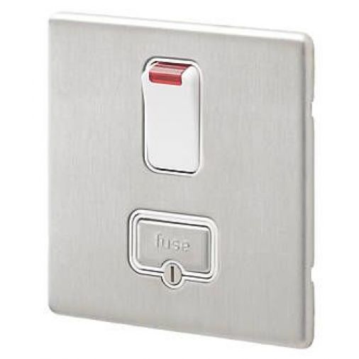 MK K24961BSSW Double Pole Switched Spur Neon, Brushed Stainless Steel White Insert, Screwless