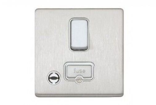 MK Aspect K24971BSSW 13A DP Switched Spur Neon Flex Outlet slim profile, screwless front plate with a brushed stainless steel finish and white insert